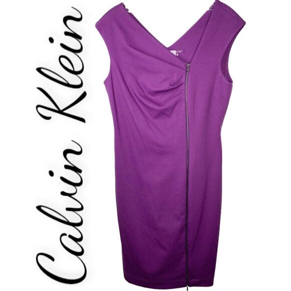 NWOT CALVIN KLEIN Magenta Purple Asymmetric Front Zip Knit Sheath Dress, Size 8 - Picture 1 of 7
